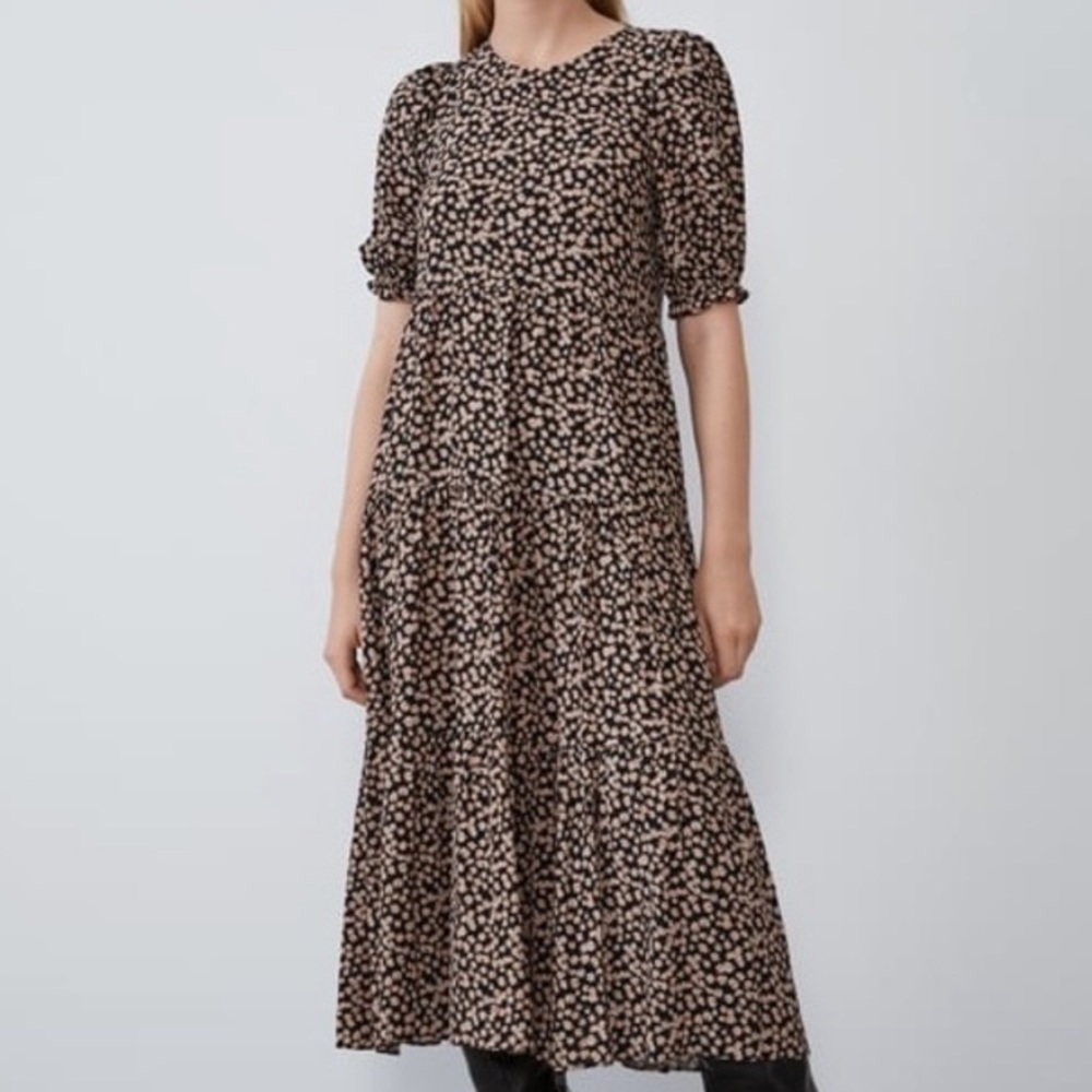 Zara Ditzy Print Tiered Boho Short Sleeve MIDI Dress Size XS